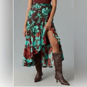 Maeve Floral High-Low Maxi Skirt in Teal and Maroon